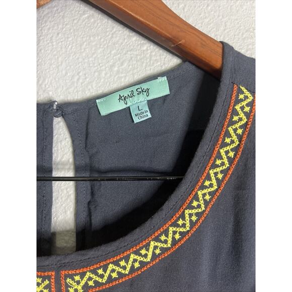 APRIL SKY‎ Women's Large Boho Embroidered Floral Tunic Top Cold Shoulder Peasant - Picture 3 of 9